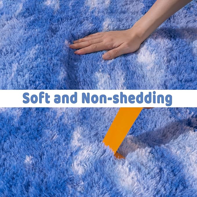 Soft Runner Rugs for Bedroom Hallways, 2x4 Abstract Blue White Fluffy Shag