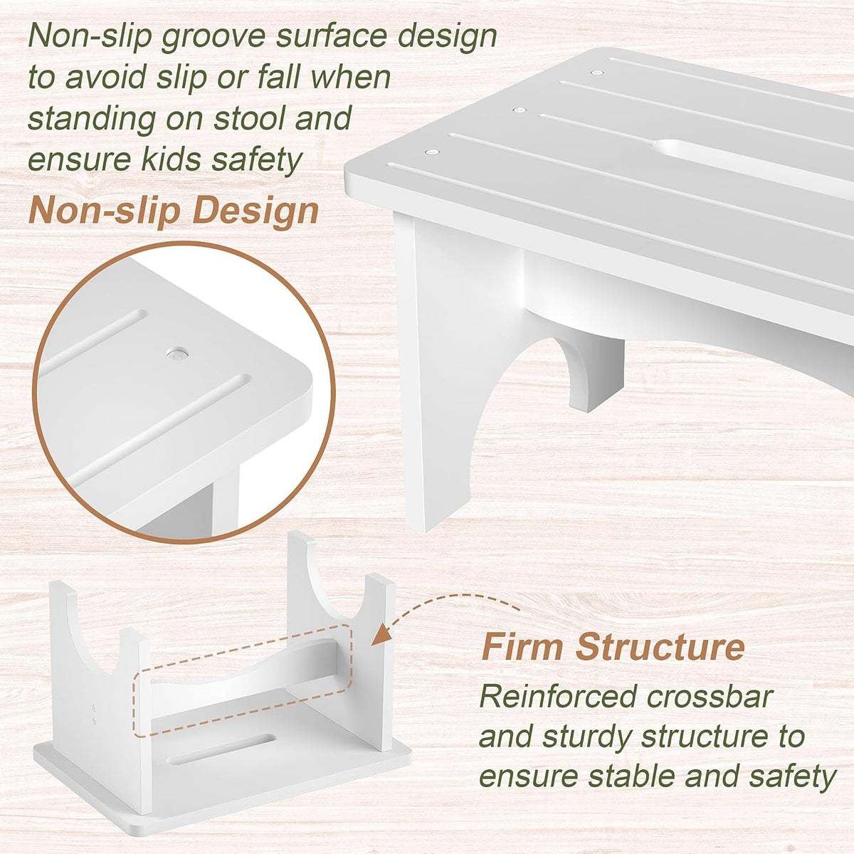 Wooden Step Stool for Adults, 9" Portable Wood Step Stool for Kids, Heavy Duty One Step Bedside Stool with 550 Lbs Load Capacity, Non-Slip White Foot Stool for Kitchen Bathroom Bedroom