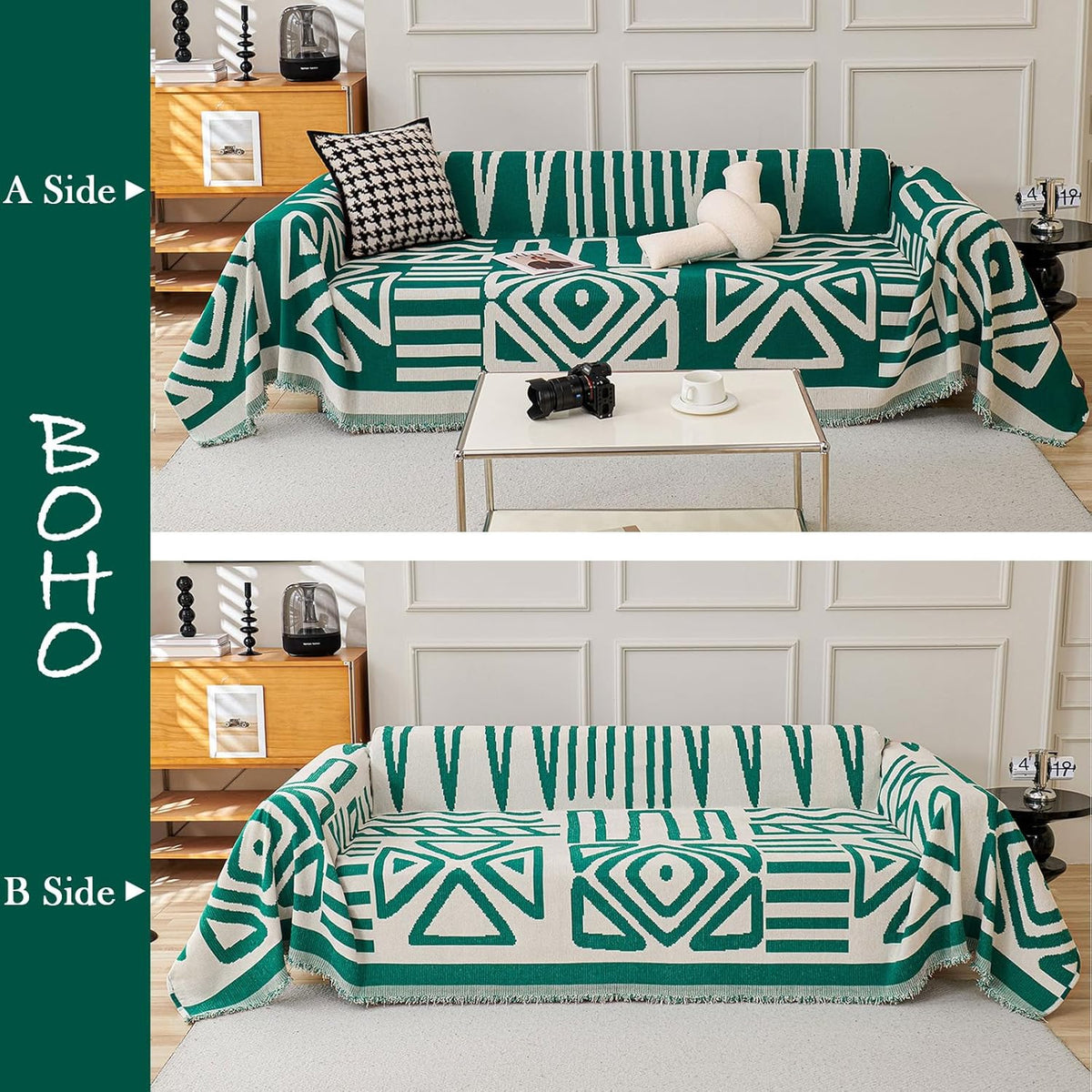 HANDONTIME Couch Cover Boho Sofa Covers Washable Forest Green Dog Covers for Couches Reversible Couch Blanket Cover Geometric L Shaped Couch Covers for 2 3 Couch Cushion Cover Dark Green, 71" X150"