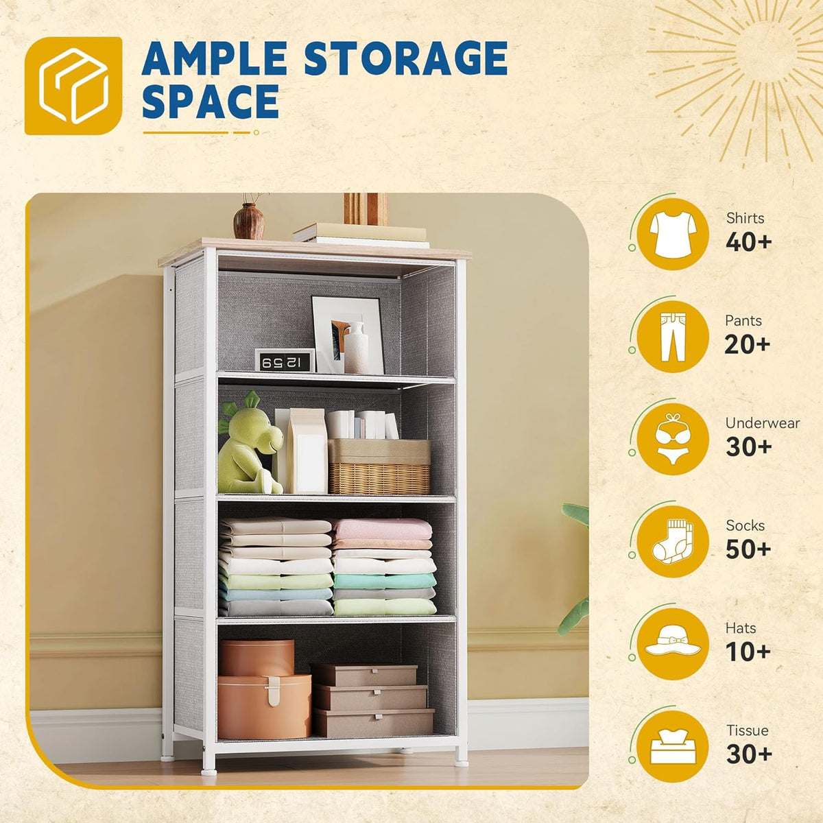 DWVO 4 Drawers Dresser, Dresser for Bedroom, Fabric Storage Tower, Chest of Drawers, Organizer Unit for Closets, Living Room