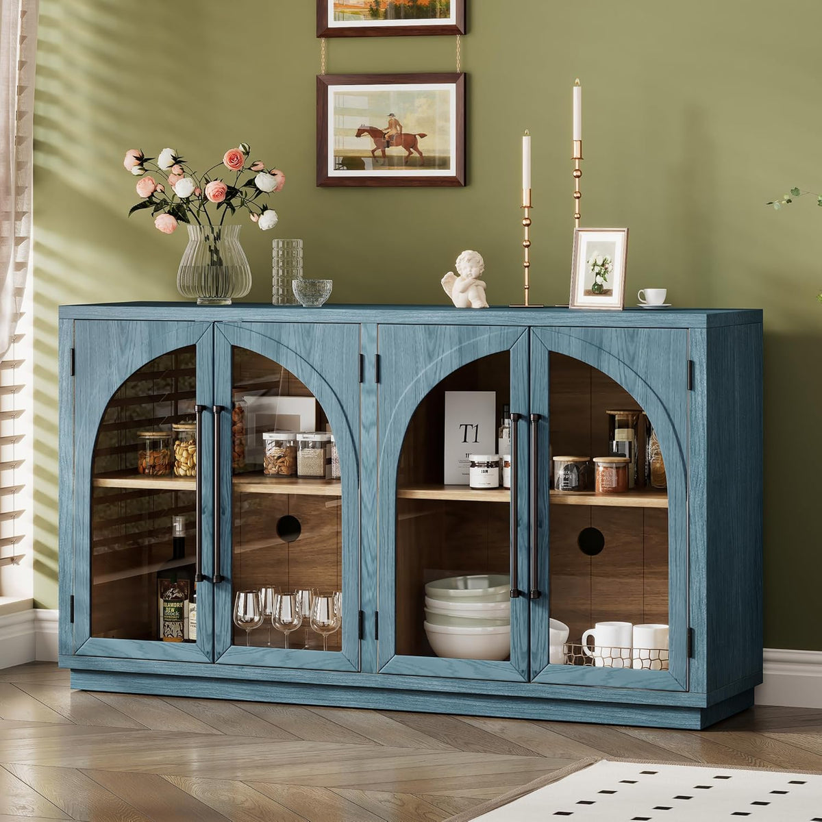 Merax Retro Buffet Sideboard, Wood Storage Cabinet with Shelves, 4 Doors for Living Room Kitchen Dining Room Navy