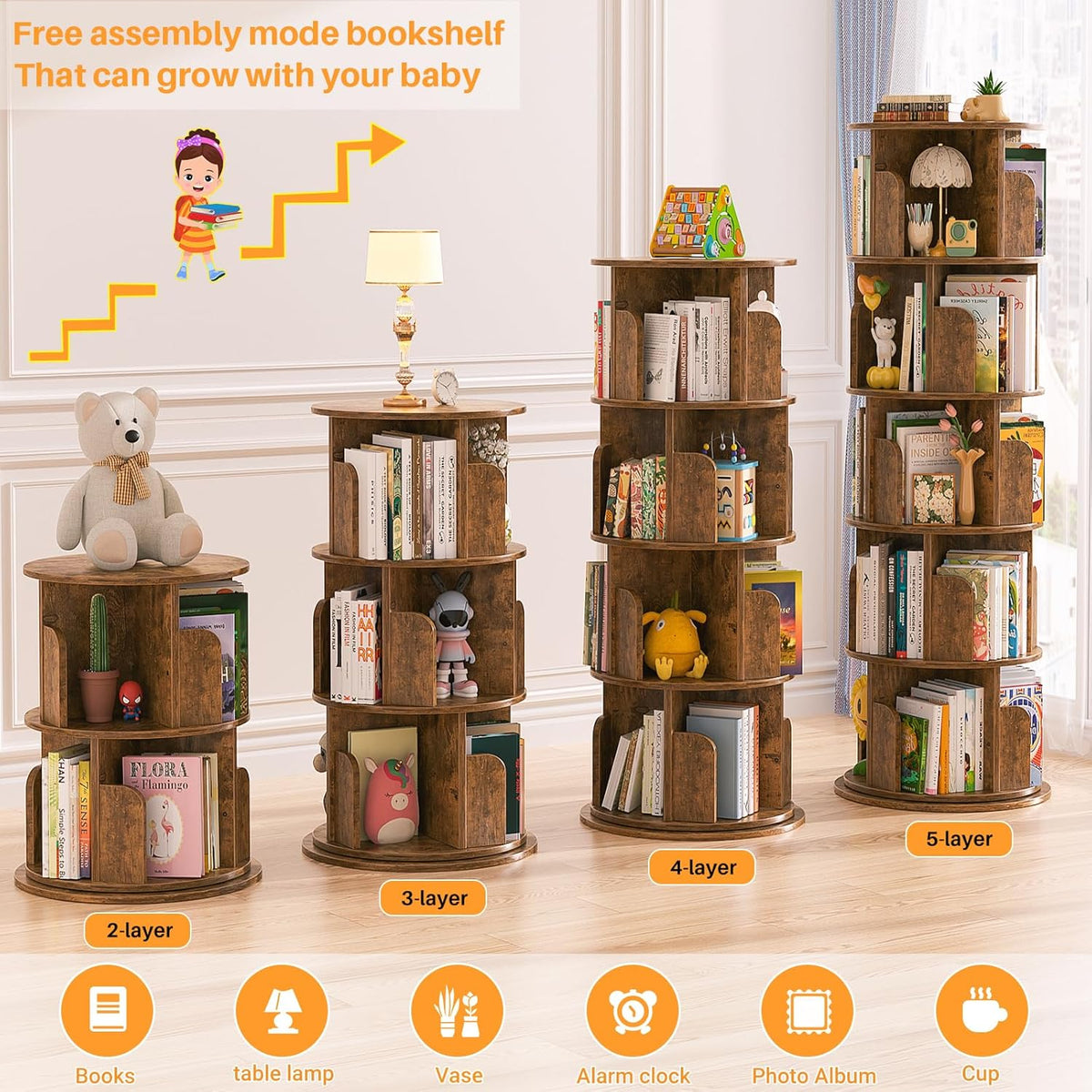 Aheaplus Rotating Bookshelf, 360 Display Wood Spinning Bookshelf Tower, 5 Tier Floor Standing Bookcase Storage Rack, Revolving Bookcase Corner Bookshelfs for Small Space, Study, Bed Room, Rustic Brown