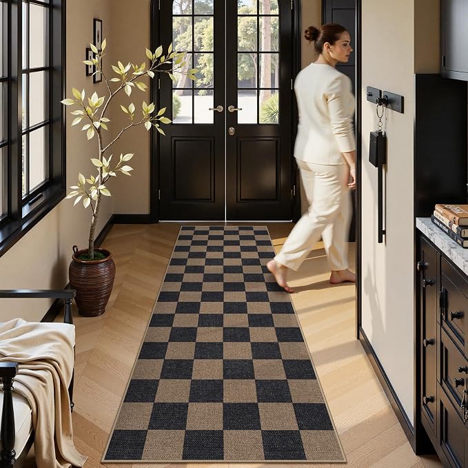 Lahome Colette Checkered Easy Jute 2x8 Runner Rug, Washable Kitchen Runner Rug