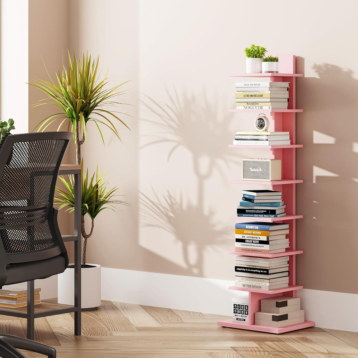 TUTOTAK Bookshelf, 8-Tier Bookcase, Narrow Spine Book Shelf for Small Space, Corner Standing Shelf for Living Room, Office, Study, Entryway, Pink BS06BP008