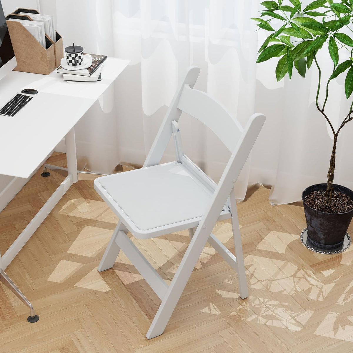 Real Relax Resin Folding Chairs, 4 Sets, White Patio Chairs with PVC Padded Seats 330LB Capacity for Camping, Banquets, Weddings, Church and Events