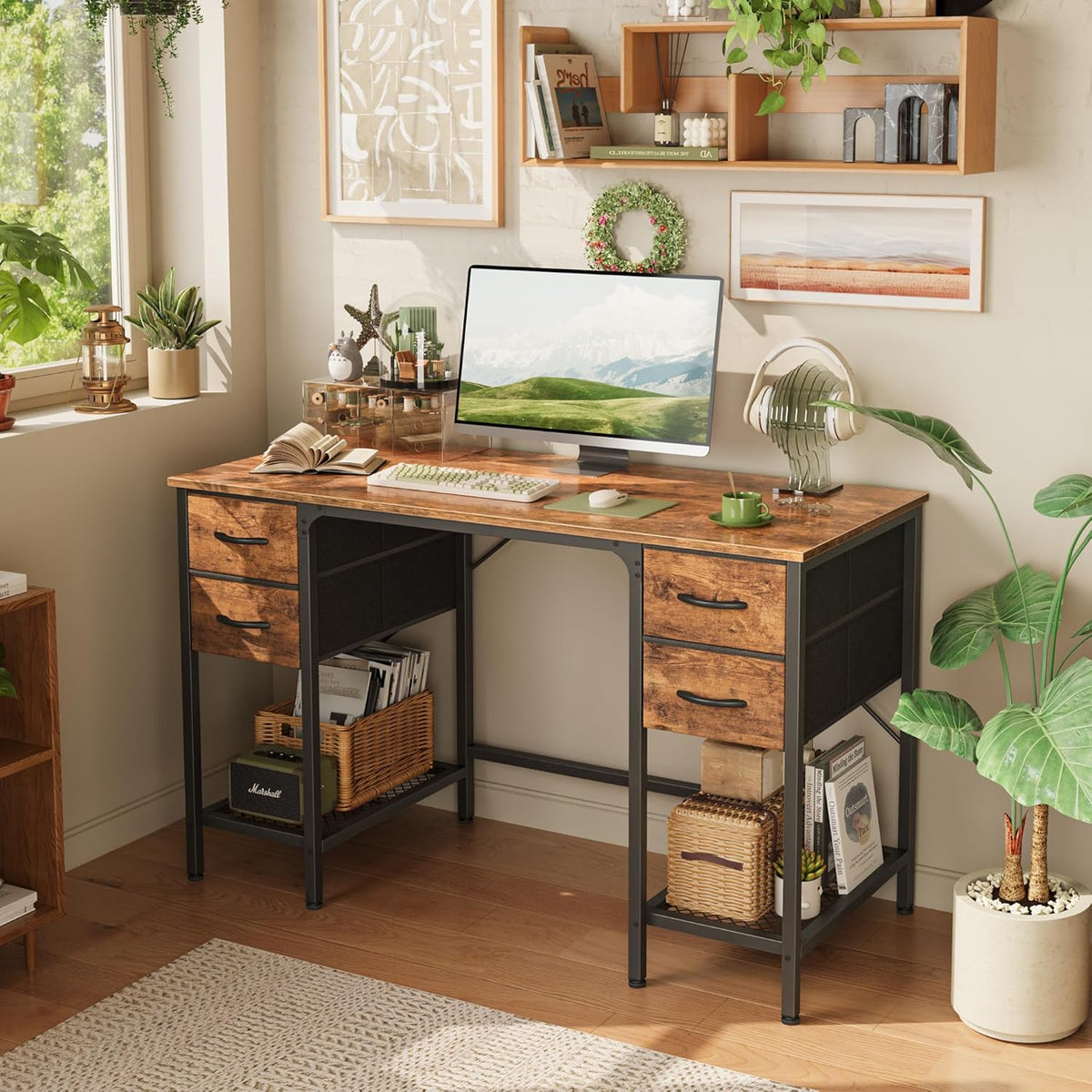 Huuger 47 Inch Computer Desk with 4 Drawers, Office Desk with Mesh Shelf, Gaming Desk, Large Storage, Writing Work Desk for Home Office, Study, Bedroom, Work from Home, Rustic Brown