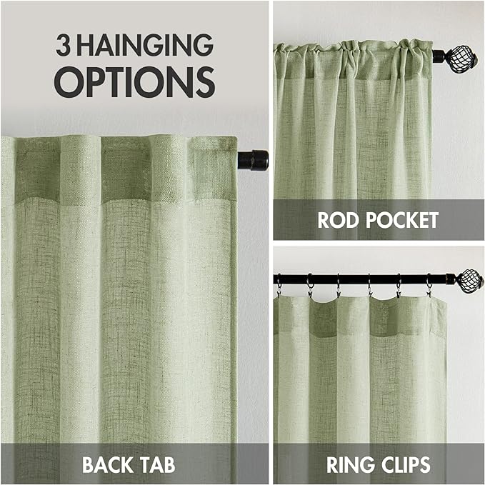 MIULEE Sage Green Linen Curtains 54 Inch Length 2 Panels