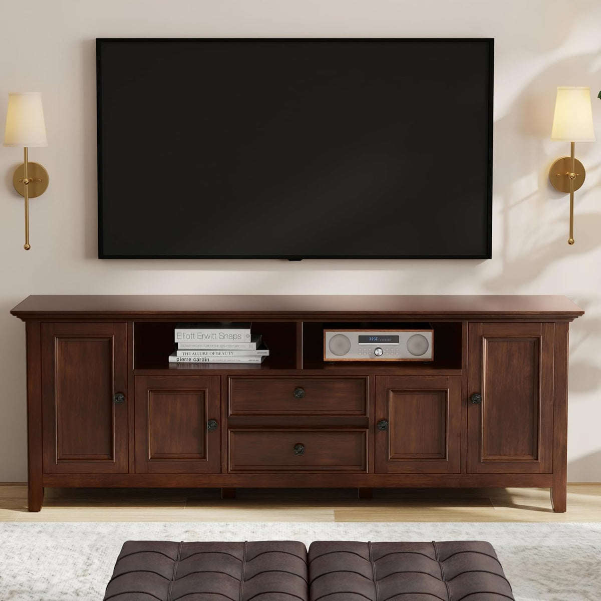 SIMPLIHOME Amherst 72-inch Wide Solid Wood TV Stand in Russet Brown, Transitional-Style Media Console for Living Room with Cable Management and Adjustable Shelves, Fits 80" TVs