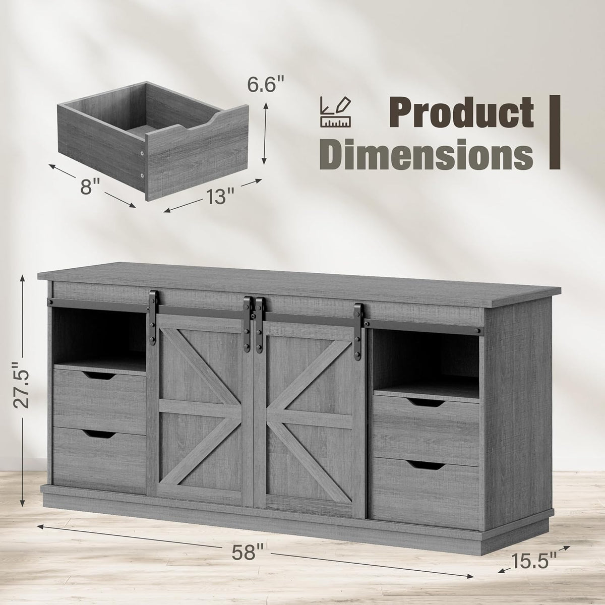 YESHOMY TV Stand for Televisions up to 65 Inchs, with Sliding Barn Doors and 4 Storage Drawers, Console Table and Media Furniture for Living Room, 58 Inch, Gray