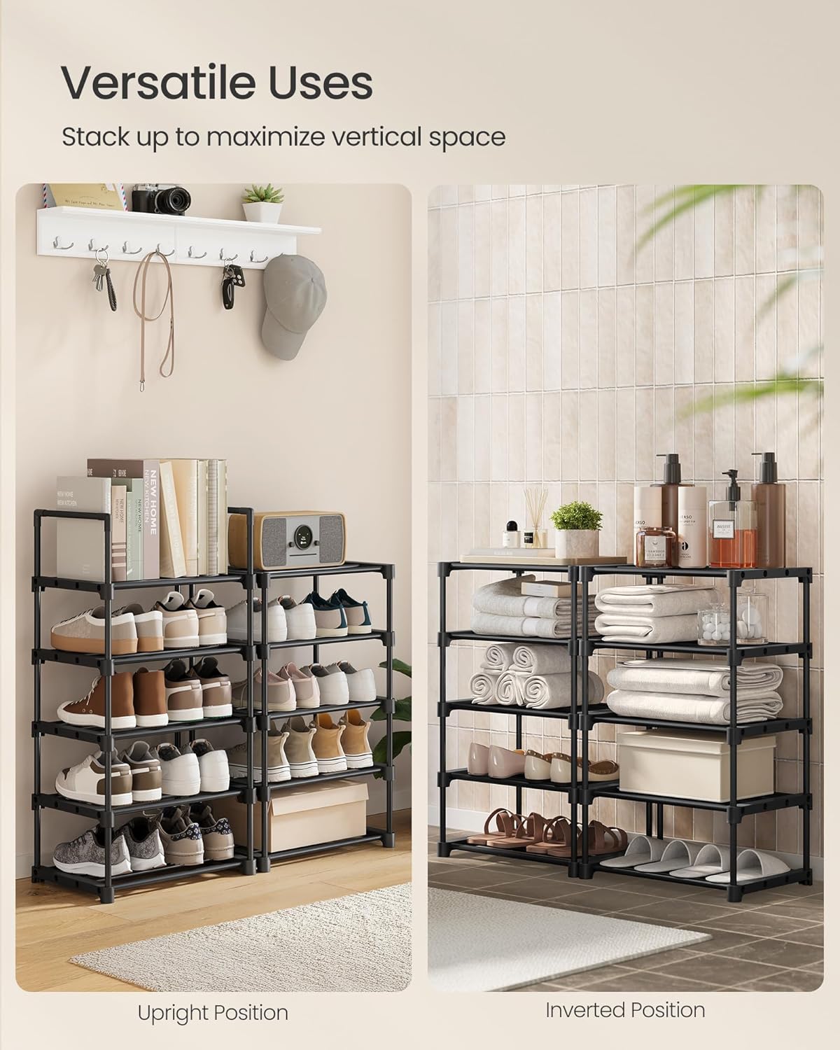 SONGMICS Shoe Rack, 10-Tier Shoe Organizer, Metal Storage Shelf, Upright or Upside Down, for 11-22 Pairs, for Entryway, 11.8 x 17.7 x 68.5 Inches, Black ULSA25BK