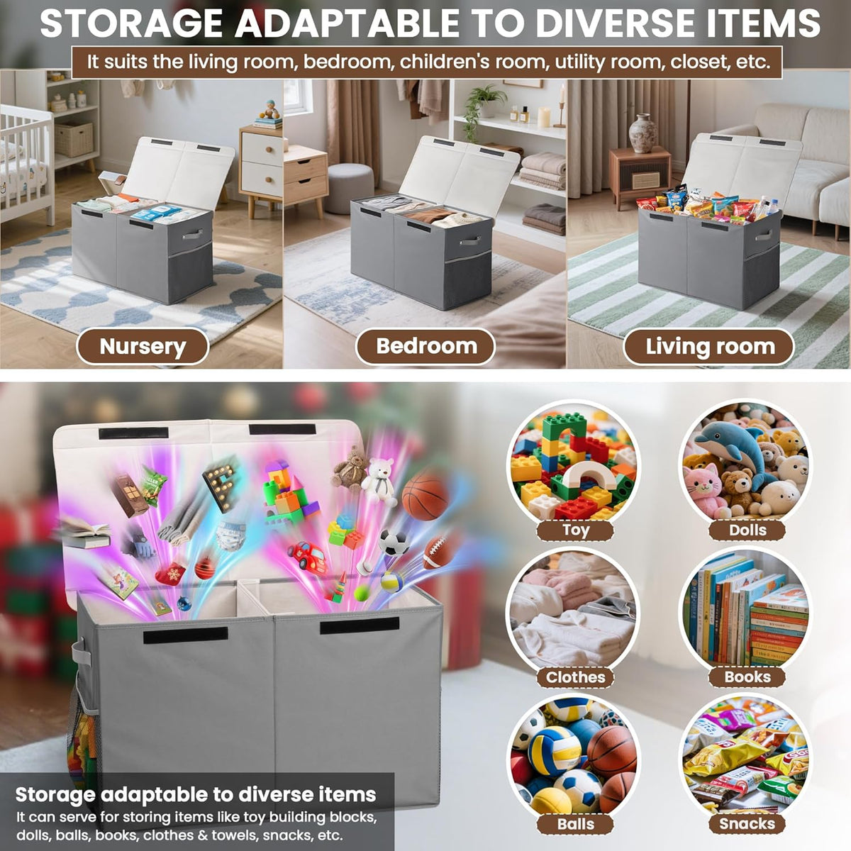 80L Large Toy Storage Box with Lid, Large Toy Box Chest for Kids, Girls and Boys, Nursery Room and Living Room, 26"x13" x16" - Grey