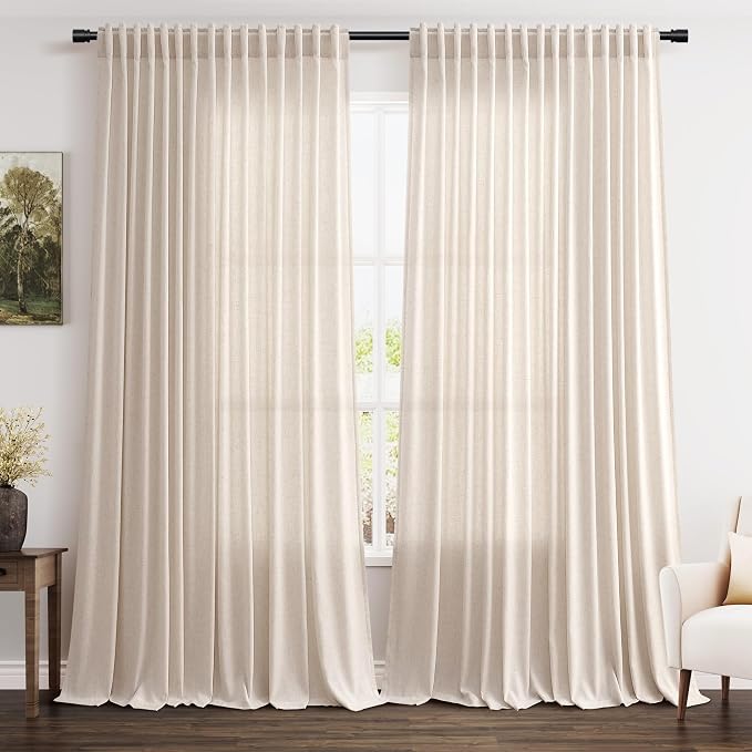 Beige Large Window Curtains Light Filtering Semi Sheer Privacy Linen Textured