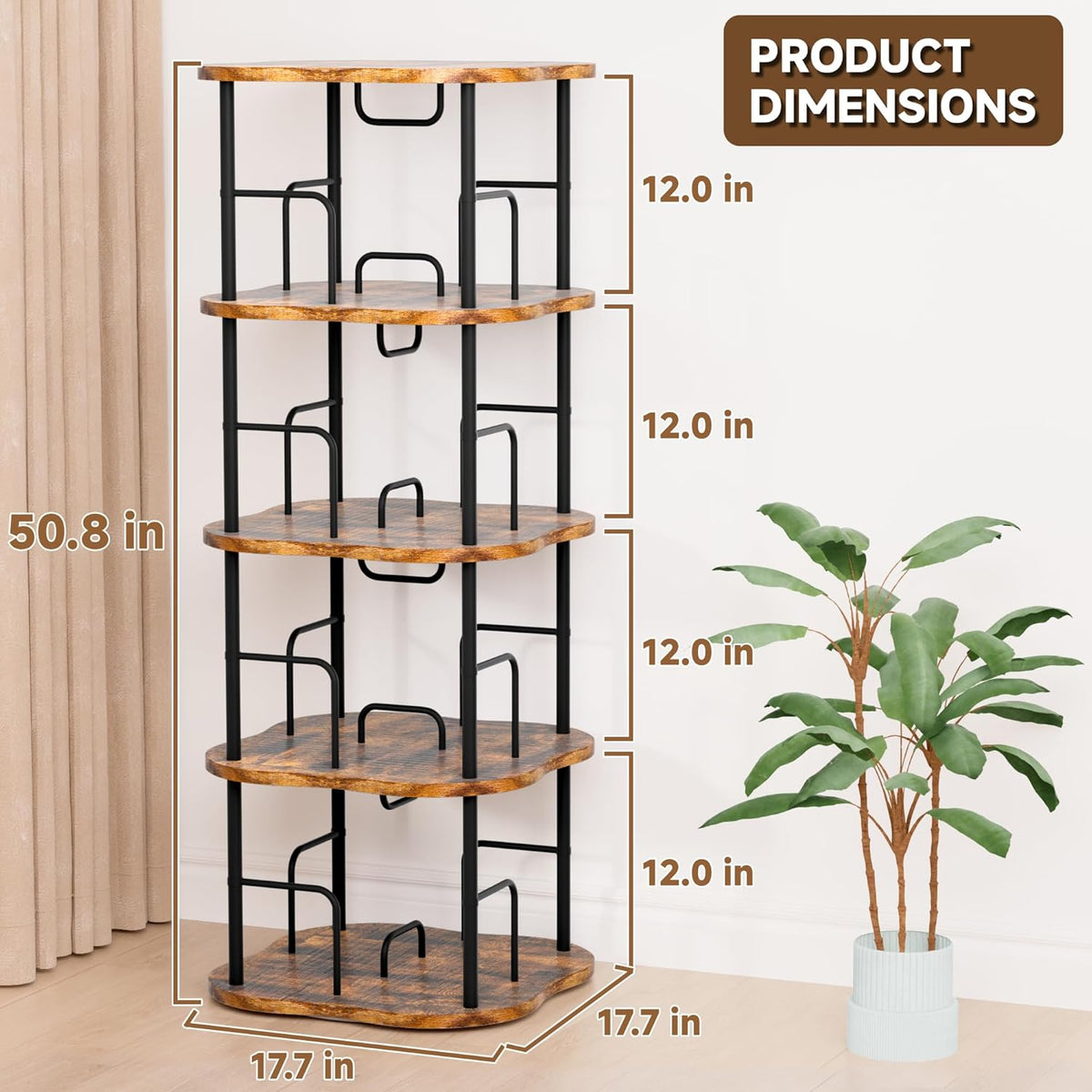 4-Tier Rotating Book Shelf, 360° Display Spinning Bookshelf Tower, Book Organizer, Floor Standing Bookcases for Small Space, Corner Book Shelf for Bedroom, Living Room, Study Room (RUSTIC BROWN)