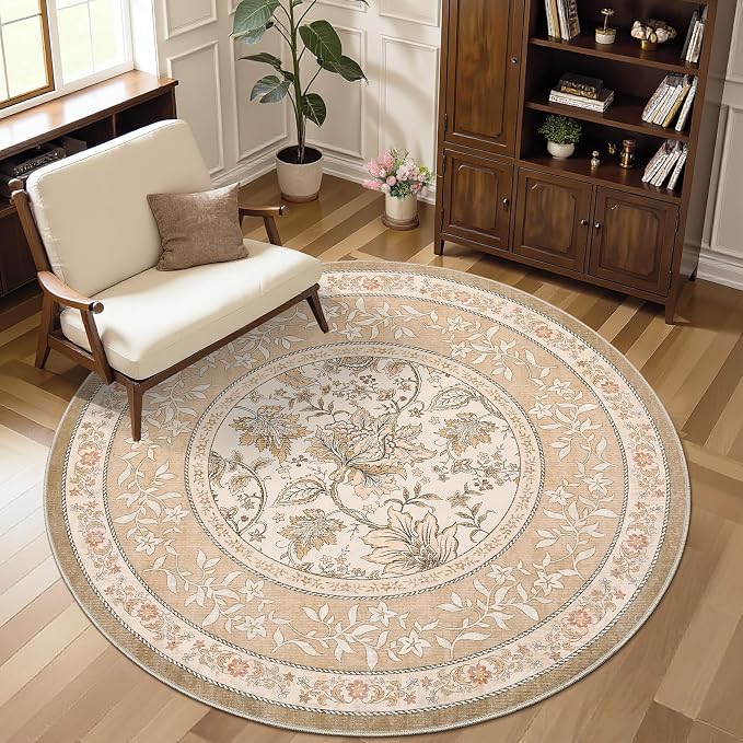 GarveeHome Pinkish Brown Botanical Grove 5ft Round Rug, Small Circle Vintage