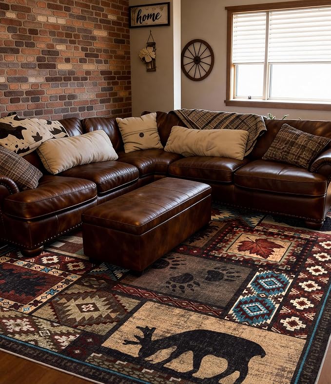 YIHOUSE Rustic Cabin Area Rug 6x9, Machine Washable Lodge Bear Rug, Non-Slip