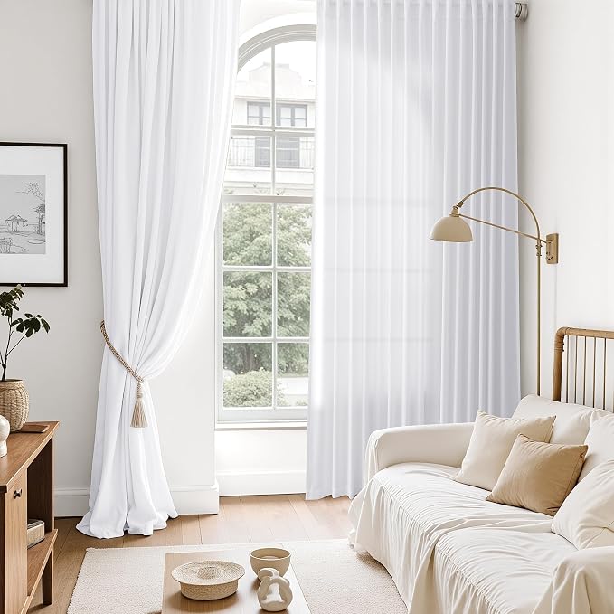 Nanspring Snow White Linen Curtains 96 Inches Long