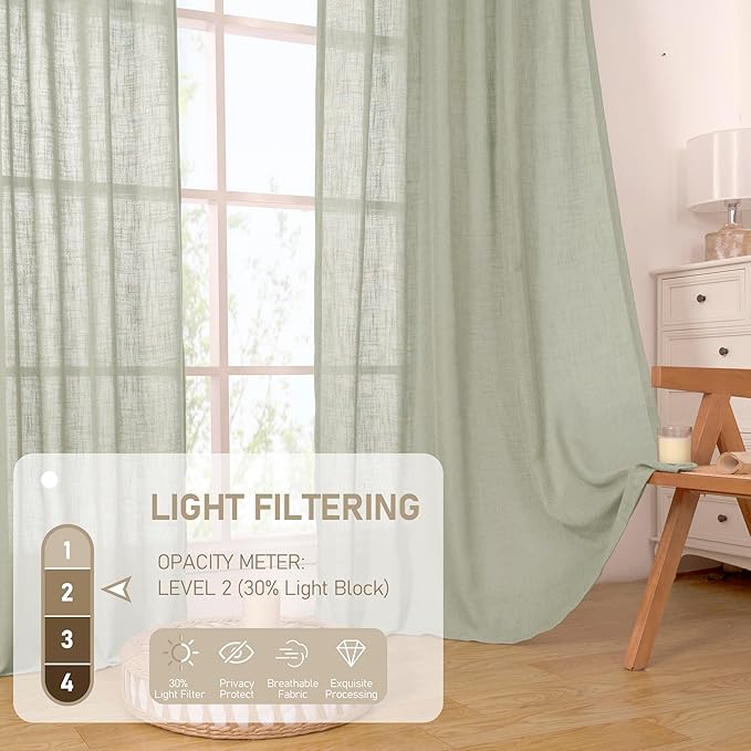 LAMIT Sage Grey Linen Boho Curtains 78 inch Length 2 Panels, Light Filtering