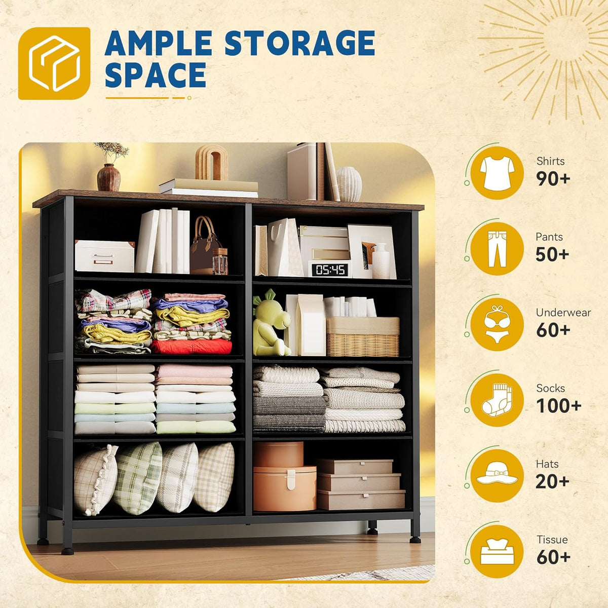 DWVO 8 Drawers Fabric Dresser, Furniture Storage Tower Cabinet, Organizer for Bedroom, Living Room, Hallway, Closet, Sturdy Steel Frame, Wooden Top, Easy-to-Pull Fabric Bins