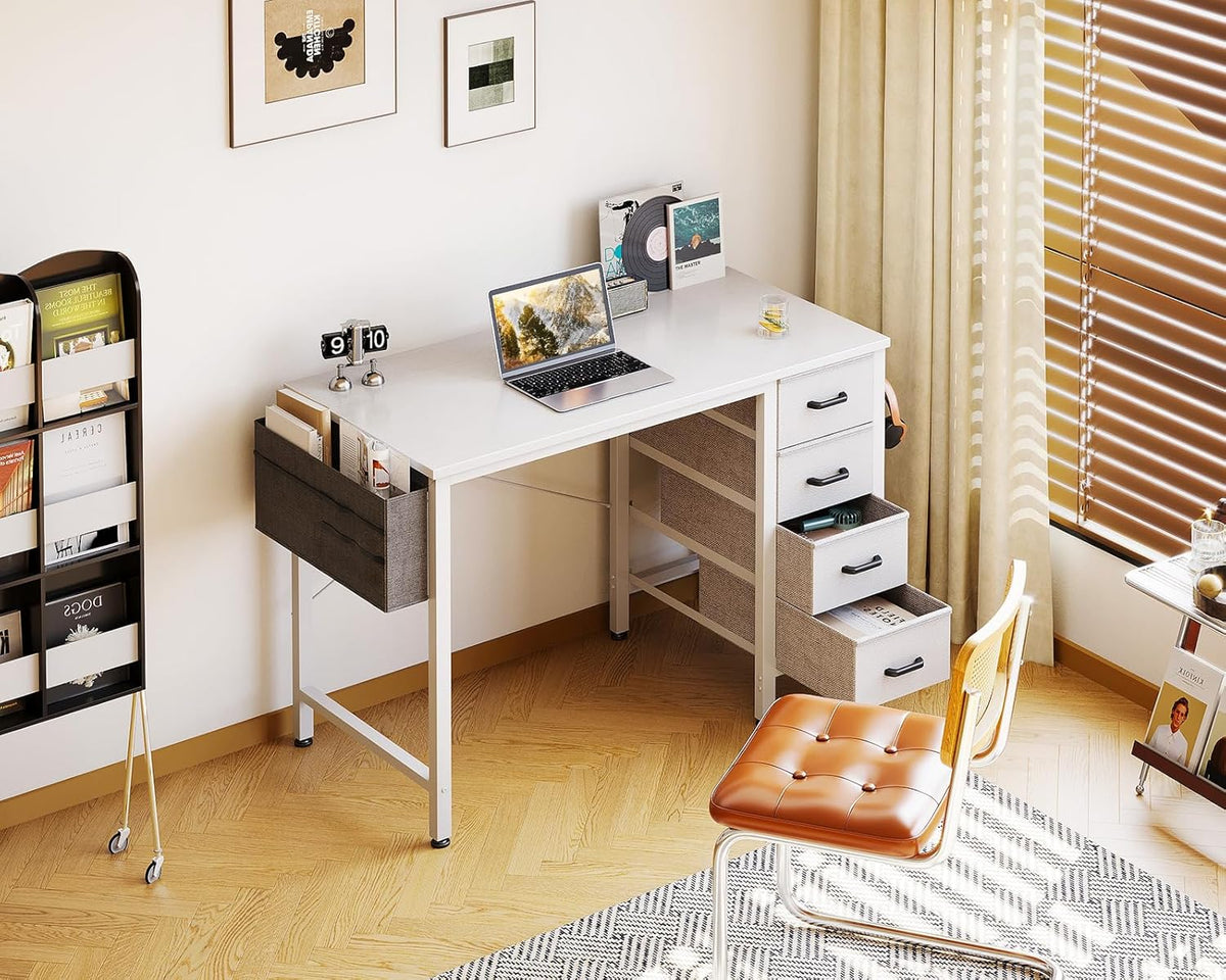 Casaottima 32 inch Small Computer Desk with 4 Fabric Drawers, Side Hook and Cloth Bag, Kids Study Table for Bedroom and Small Space, Pure White