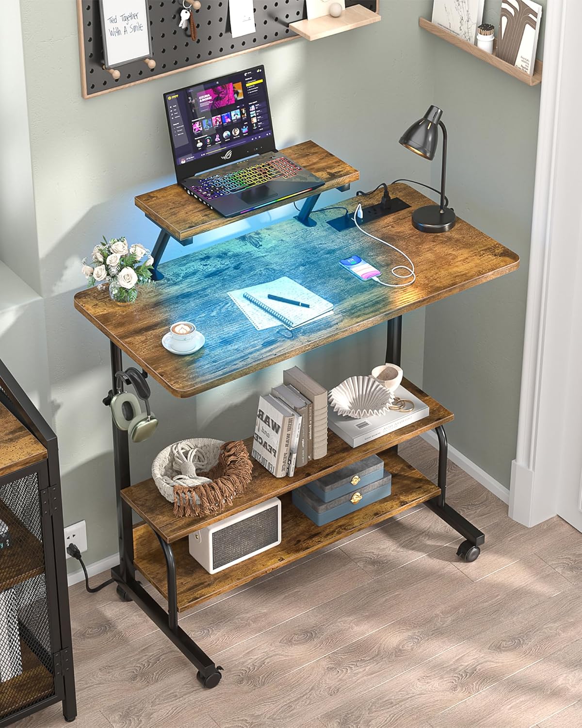 Height Adjustable Standing Desk with Power Outlets and LED Lights - 32" Manual Stand Up Desk with Monitor Stand and Storage Shelves Small Mobile Rolling Computer Desk Portable Laptop Table, Rustic