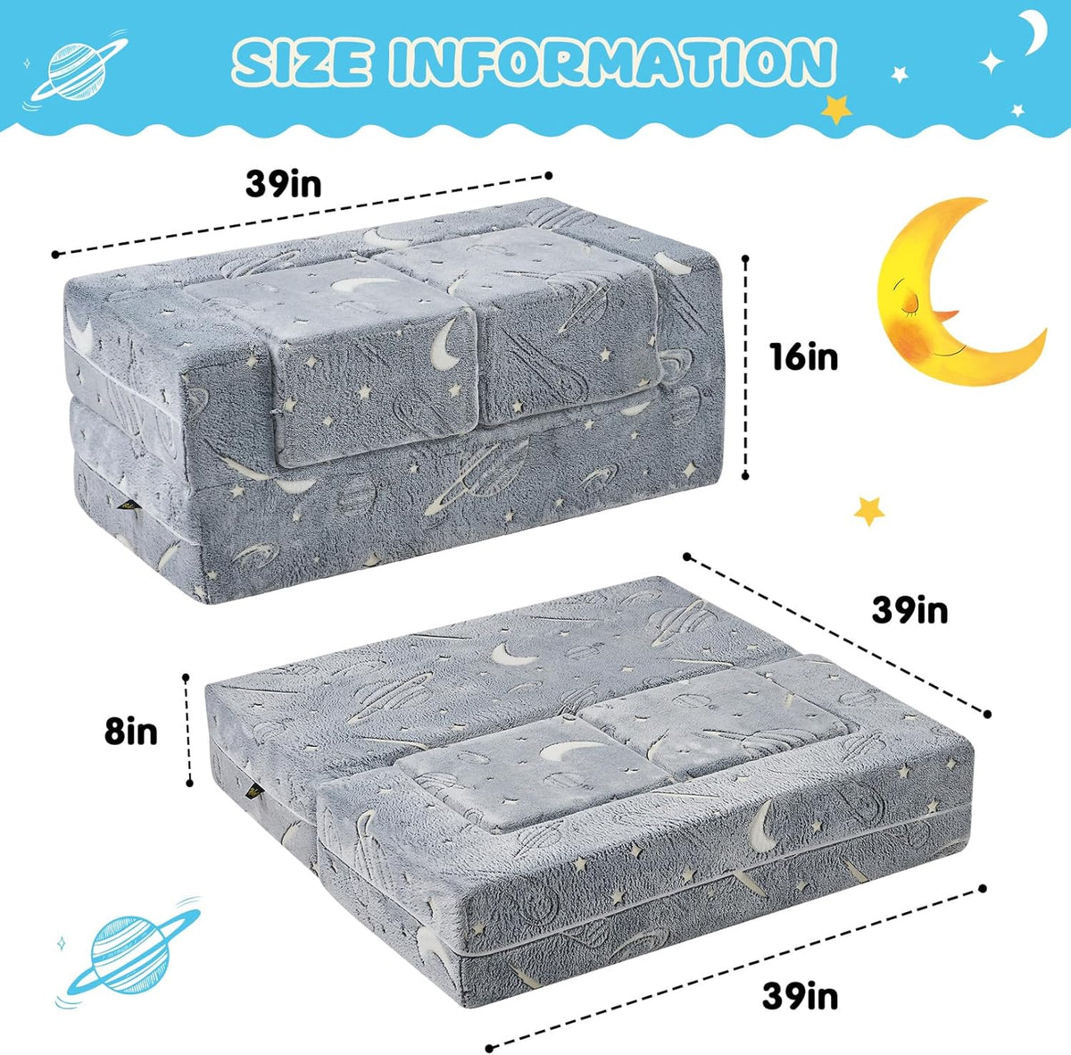 Kids Couch Sofa Modular Toddler Couch, Glow in The Dark 3 in 1 Fold Out Kids Sofa with Washable and Durable Covers for Boys, Galaxy Stars