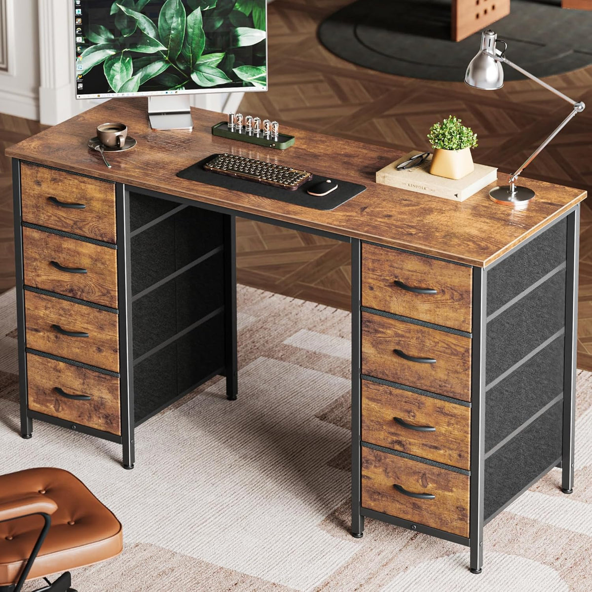 Huuger 47 Inch Computer Desk with 8 Fabric Drawers, Office Desk Work Desk for Home Office, Study, Gaming Desk with Drawers, Large Storage, Rustic Brown