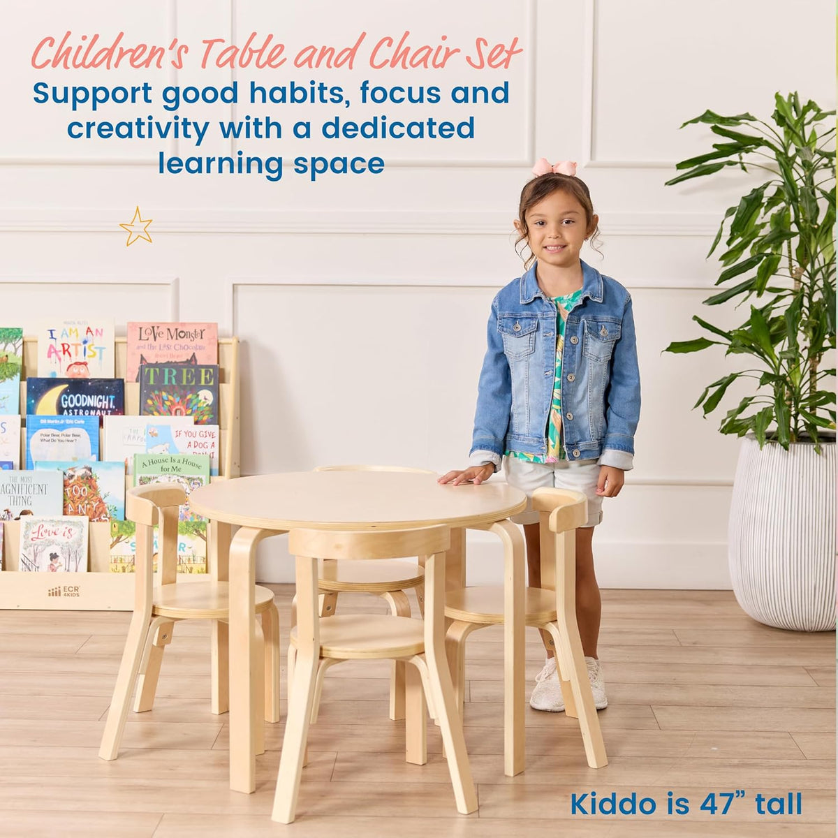 ECR4Kids Bentwood Table and Curved Back Chair Set, Kids Furniture, Natural, 5-Piece