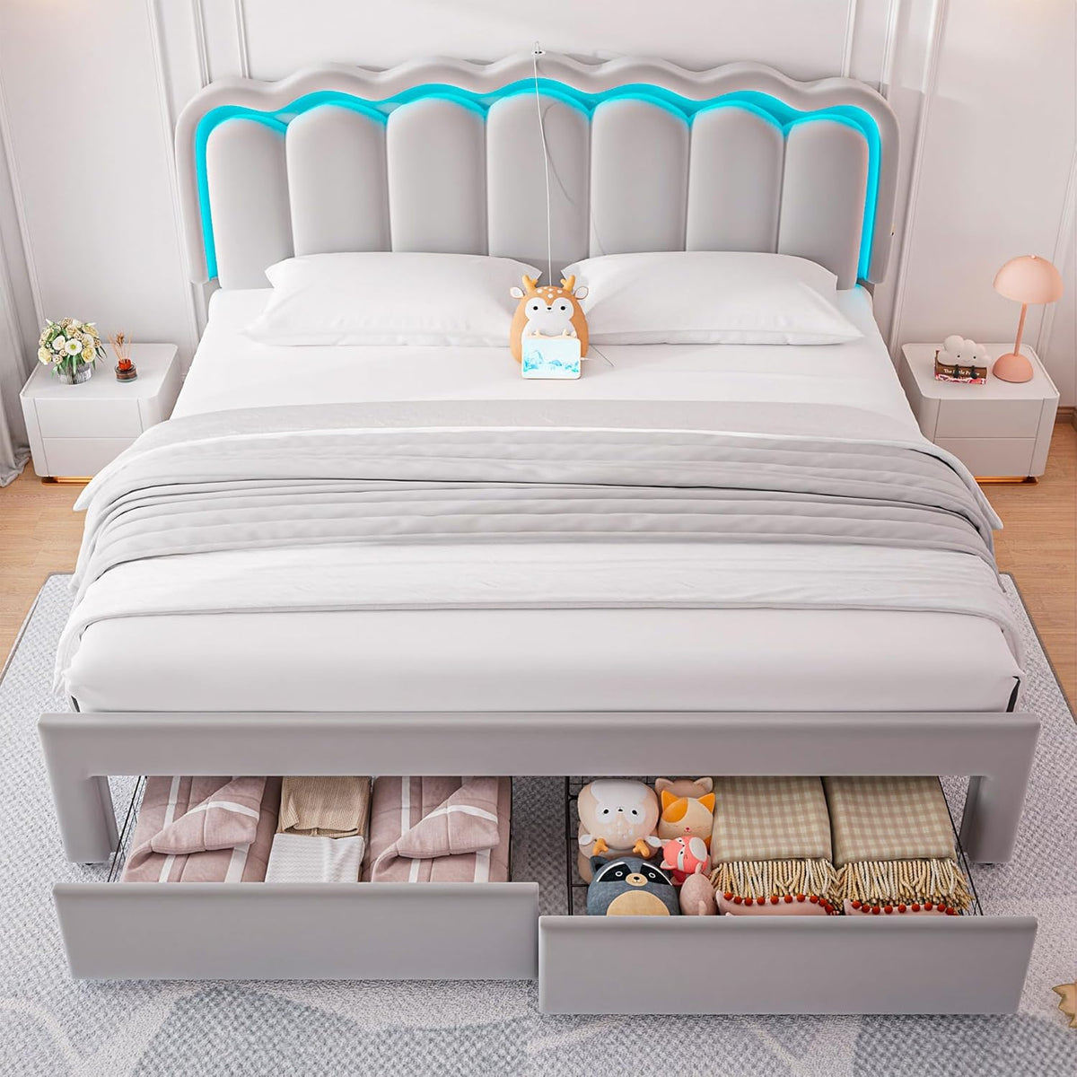 King Upholstered LED Bed Frame with 2 Storage Drawers and Adjustable Chic Double Wavy Headboard, Velvet Princes Platform Bed with Charing Station, Solid Wood Slats Support, No Box Spring Needed, Grey