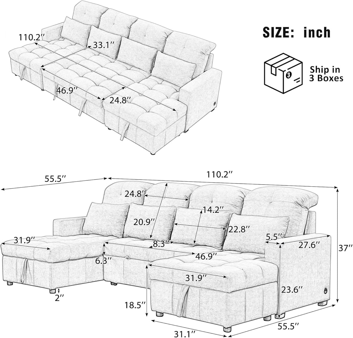 Ball & Cast 110.2" Oversized Versatile Sectional Sleep Sofa with Two USB Ports,U-Shape 4 Seat Pull-Out Couch w/Double Storage Chaise Lounges,for Living Room,Apartment,Office,Beige