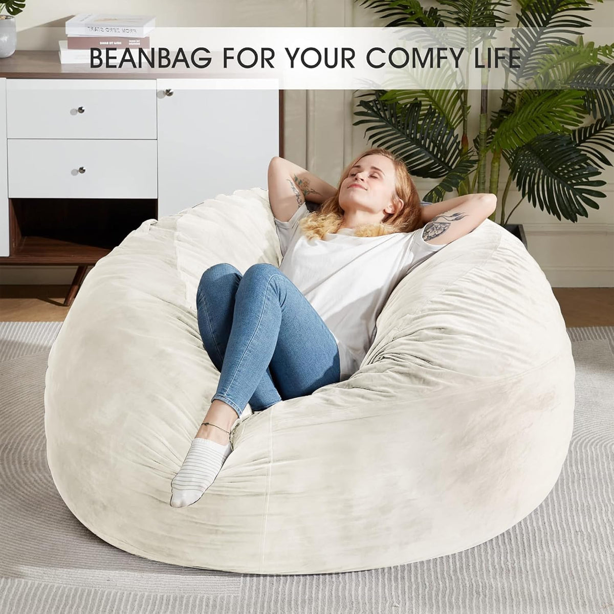 HABUTWAY Bean Bag Chair: Giant 5' Memory Foam Furniture Bean Bag Chairs for Adults with Microfiber Cover 5Ft (Beige)