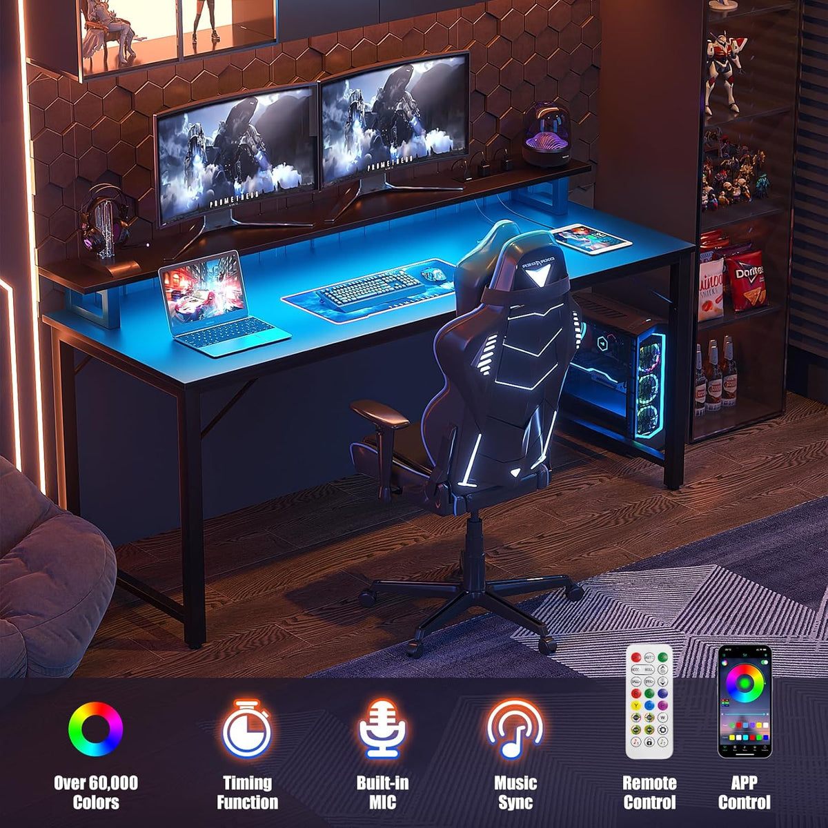 Computer Desk with USB Power Outlets and LED Lights,55 inch Gaming Desk with Monitor Stand for Small Space Home Office, Modern Simple Study Writing Table PC Desks, Black