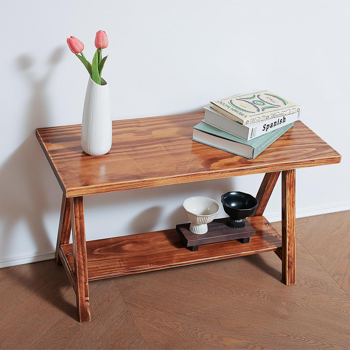 Solid Wood Entryway Bench，Farmhouse Bench for Entryway, Small Wood Benches Indoor for Bedroom, Hallway, Low Bench 30''