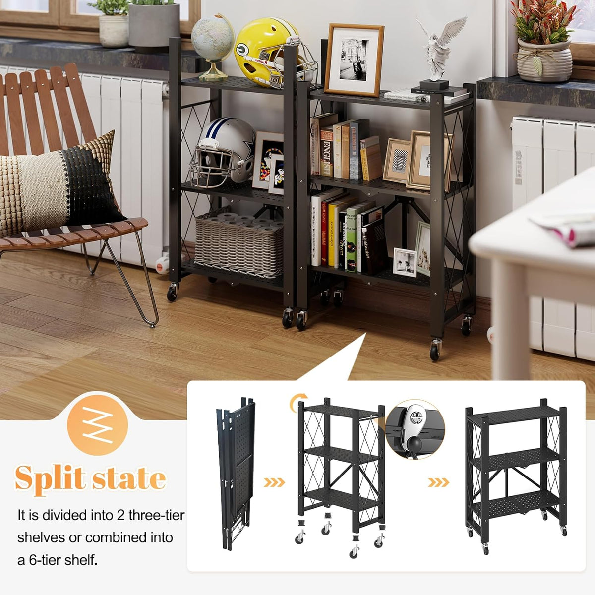 BAYOYONI 6 Tier Industrial Bookshelf - Storage Shelves with Two Usage Modes - Foldable Metal Bookshelves for Living Rooms, Offices, and Bedrooms (Black, 6 Tier)