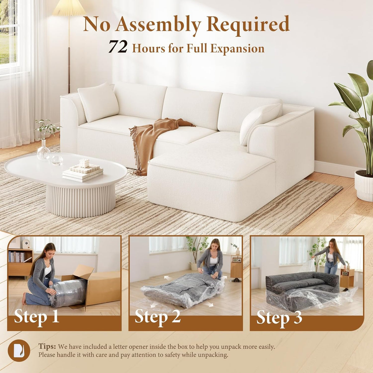 Vesgantti 106" Cloud Sectional Couch with Chaise, Deep Seat Modular Sectional Sofa Chenille Memory Foam Sofa Boneless Couches for Living Room Bedroom, No Assembly Required (Beige, Right-Facing Chaise)