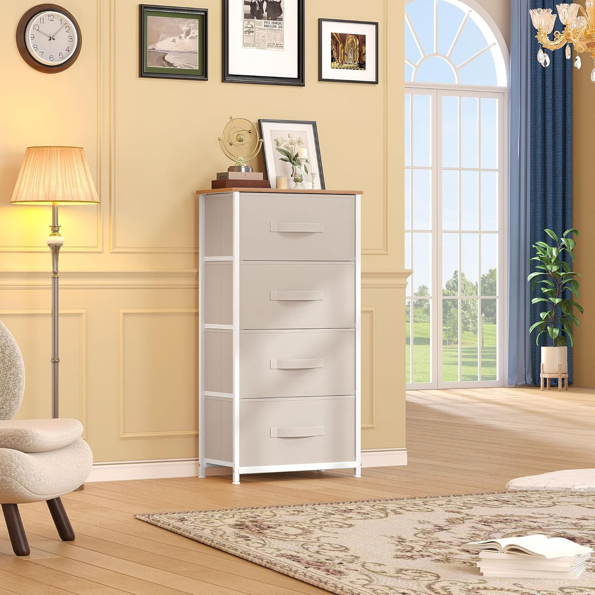 DWVO Storage Tower with 4 Drawers - Fabric Dresser, Organizer Unit for Bedroom, Living Room, Closets - Sturdy Steel Frame, Easy Pull Fabric Bins & Wooden Top (Cream White)