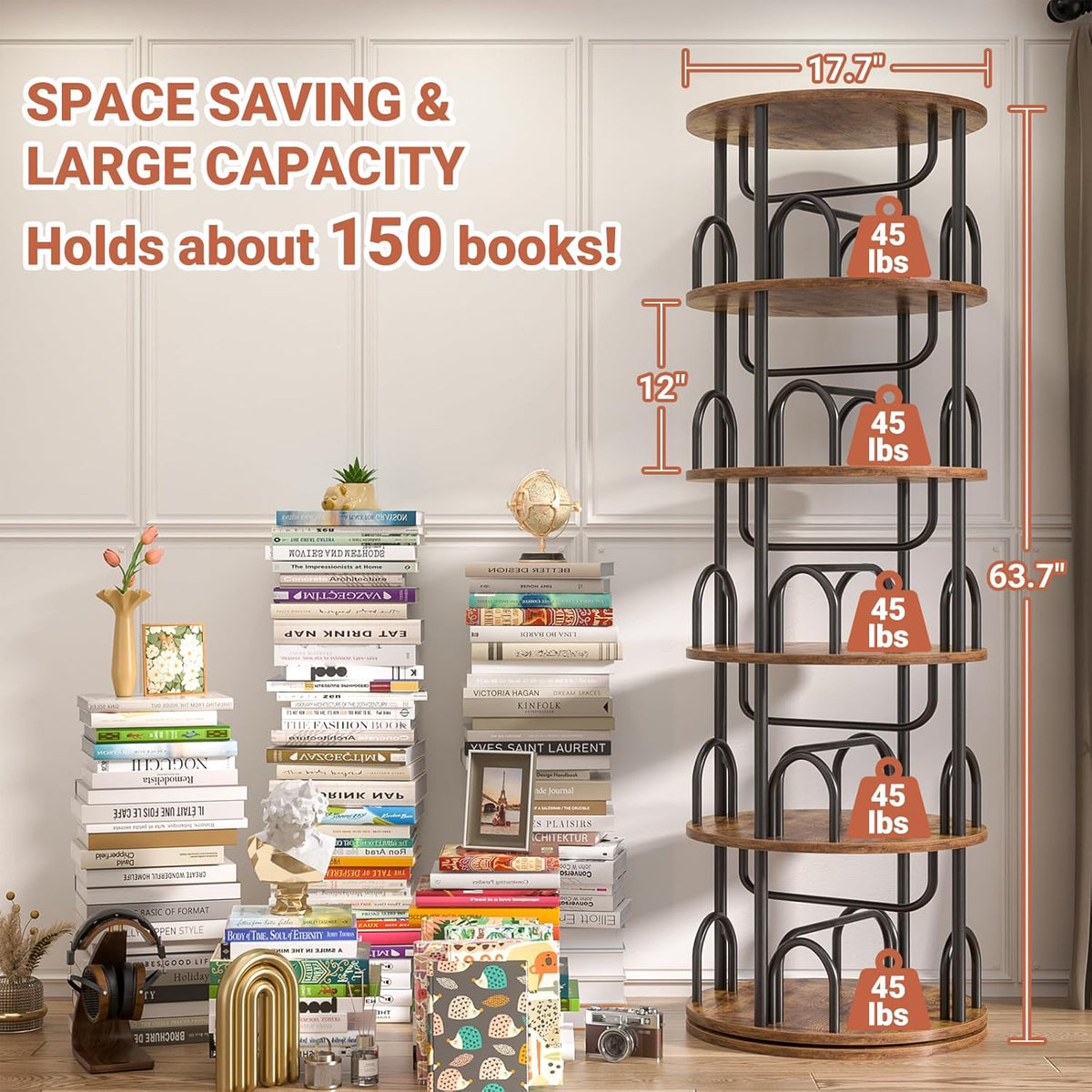 Aheaplus 5 Tier Rotating Bookshelf Tower, 360 Display Spinning Bookcase, Revolving Round Book Shelf Narrow Swivel Bookshelf, Vertical Turning Corner Book Organizer for Small Space, Rustic Brown