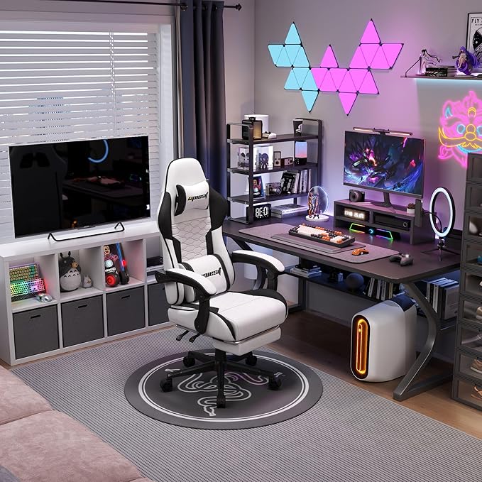 Gaming Chair, Fabric Computer Chairs with Lumbar Support and Massager, Ergonomic Office Chair with Footrest & Pocket Spring Cushion, Bearing 400 LBS（White）
