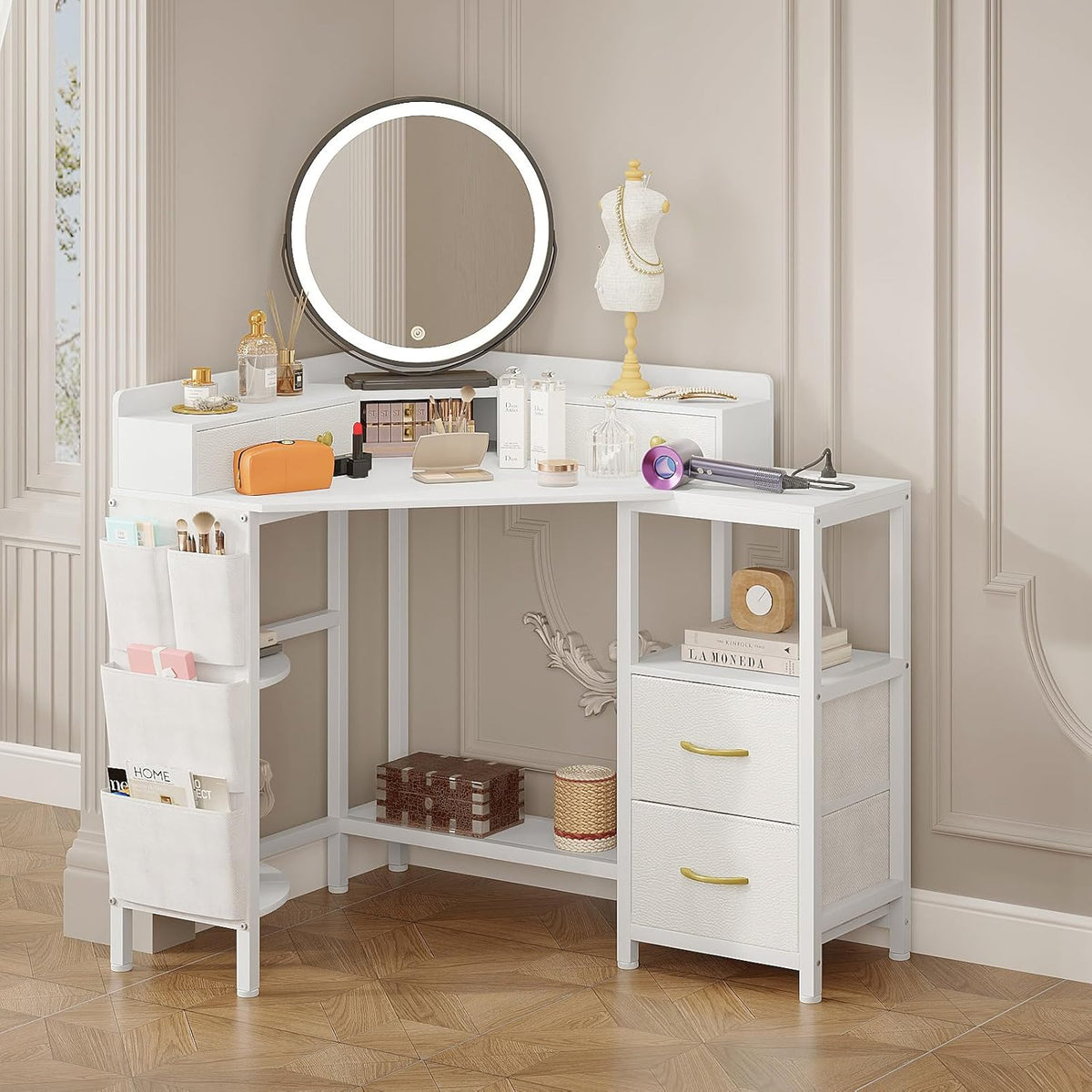 Corner Desk with 6 Drawers Shelves for Small Space Computer Desk with Power Outlets,Gaming Desk with Printer Monitor Stand Storage for Home Office Workstation Writing Table (White, 31.5)
