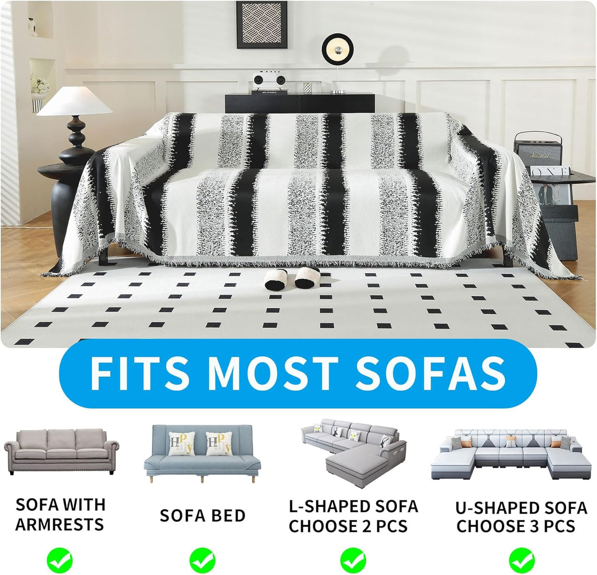 LUFEIJIASHI Boho Couch Covers for Sofa Non Slip Sofa Covers Washable Couch Covers for 3 Cushion Couch Sofa Pet Friendly Sectional Couch Cover Blanket Furniture Protector for Dogs (Black, 71"x150")