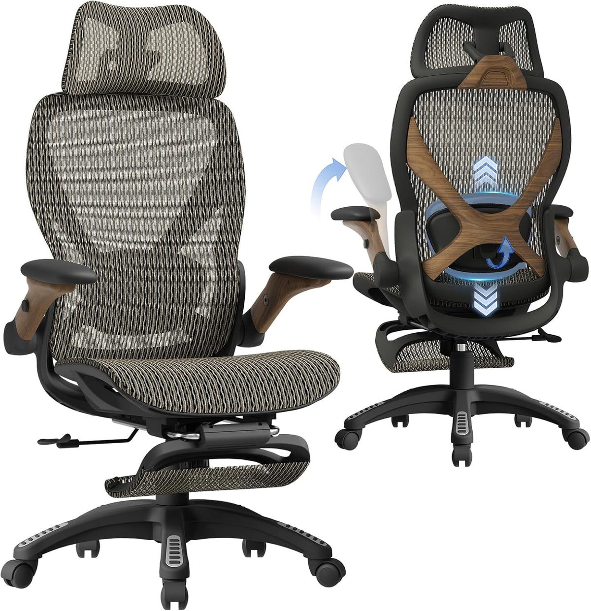 ELABEST X100 Ergonomic Office Chair with Footrest, Big and Tall Home Desk Chair with 5D Flip-Up Arms, Adjustable 3D Lumbar Support,High Back Rolling Computer Chair, Swivel Mesh Chairs (Coffee Break)
