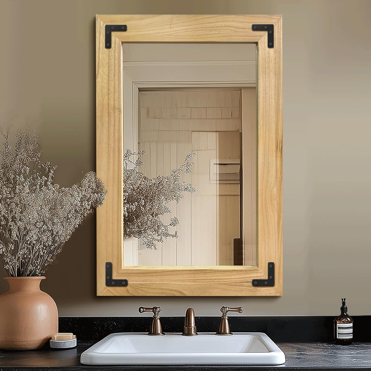 Bathroom Mirror for Wall with Wooden Frame, 36"x24" Solid Wood Vanity Mirror for Farmhouse, Bathroom, Bedroom Decor, Vertical or Horizontal Hanging(Natural)