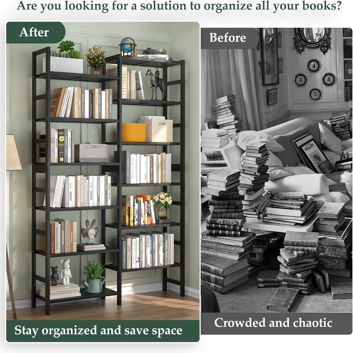 Homykic Double Wide Bamboo Bookshelf Black, 6-Tier Large Open Bookcase with 12 Display Shelves, 6ft Tall Freestanding Book Shelf for Home Office, Bedroom, Living Room, Plants