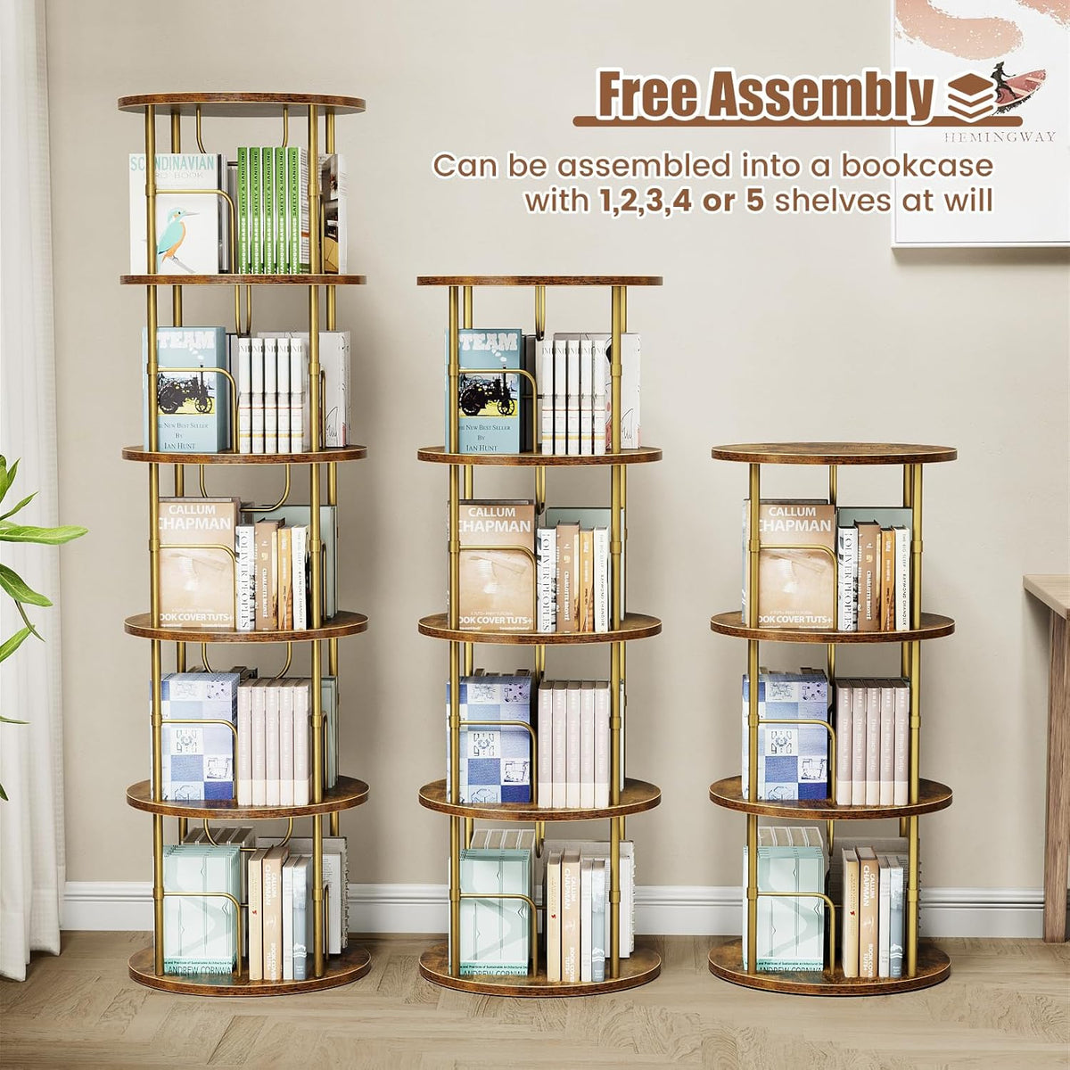 5 Tier Rotating Bookshelf, 360 ° Display Stackable Spinning Bookshelf Tower, Narrow Space Saving Tall Floor Standing Swivel Bookcase Corner Storage Organizer for Bedroom, Living Room, Gold