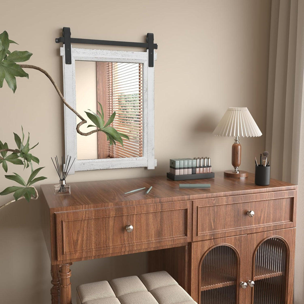 Farmhouse Barn Door Mirror: 22"x30" White Rustic Wood Frame Mirror for Wall - Home Decor for Entryway/Bathroom/Living Room