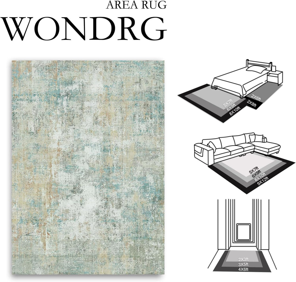 6x9 Washable Area Rug Teal Beige Modern Neutral Abstract Living Room Bedroom Indoor Floor Carpet Low Pile Soft Non-Slip Lightweight Vacuumable Throw Rug for Nursery Dining Room Office