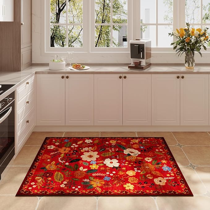 Rugcomf Door Mat Indoor Entrance 2x3 Rug Machine Washable Boho Floral Small