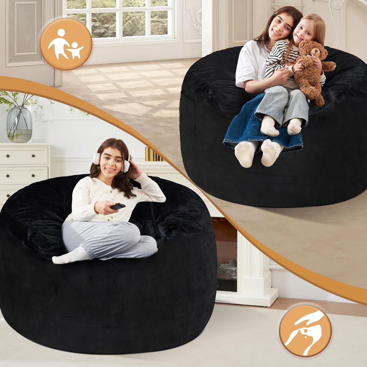 Homguava 4 FT Bean Bag Chair: 4' Bean Bags with Memory Foam Filled, Large Beanbag Chairs Soft Sofa with Dutch Velvet Cover-Black
