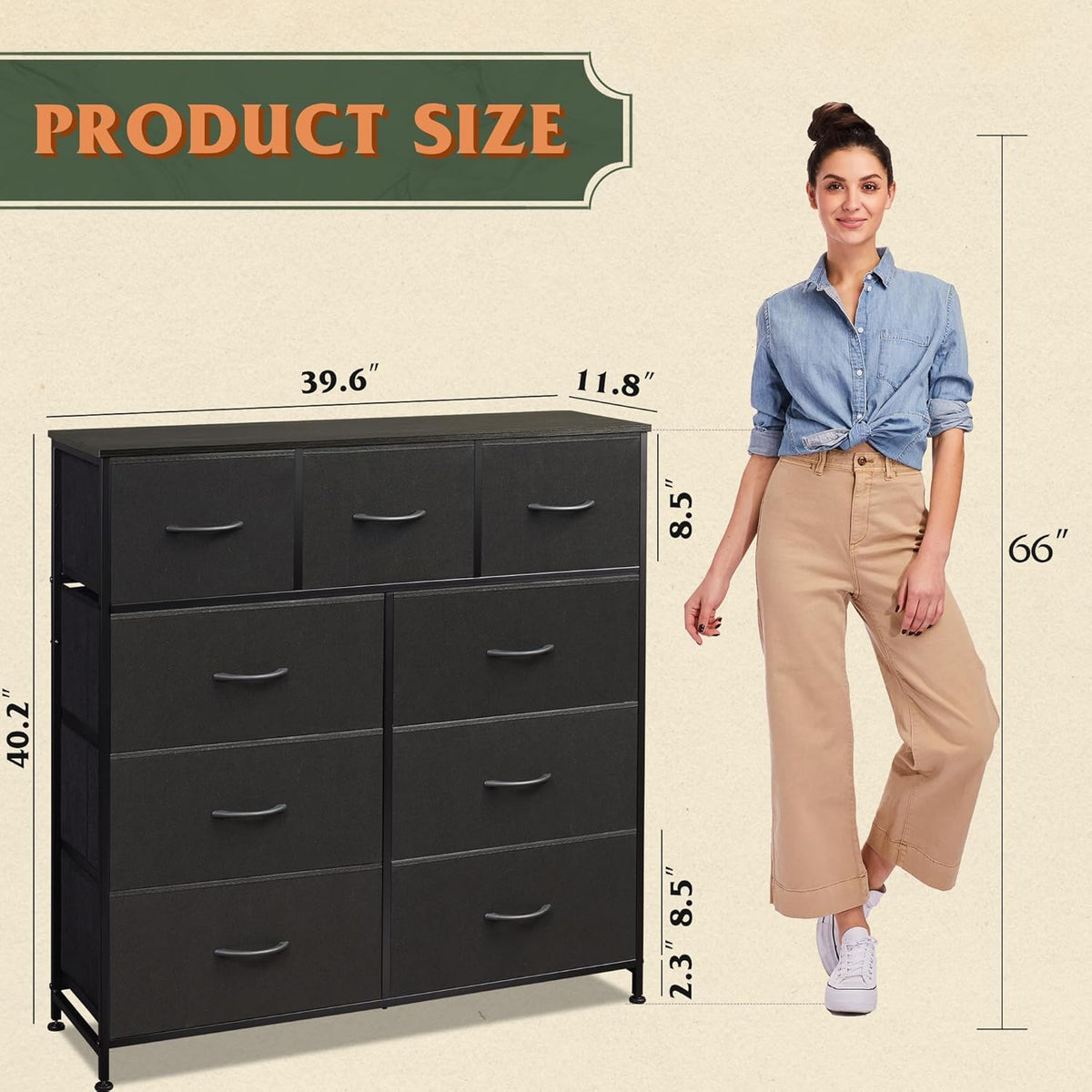 WLIVE 9-Drawer Dresser, Fabric Storage Tower for Bedroom, Hallway, Entryway, Closet, Tall Chest Organizer Unit with Fabric Bins, Steel Frame, Wood Top, Easy Pull Handle, Charcoal Black