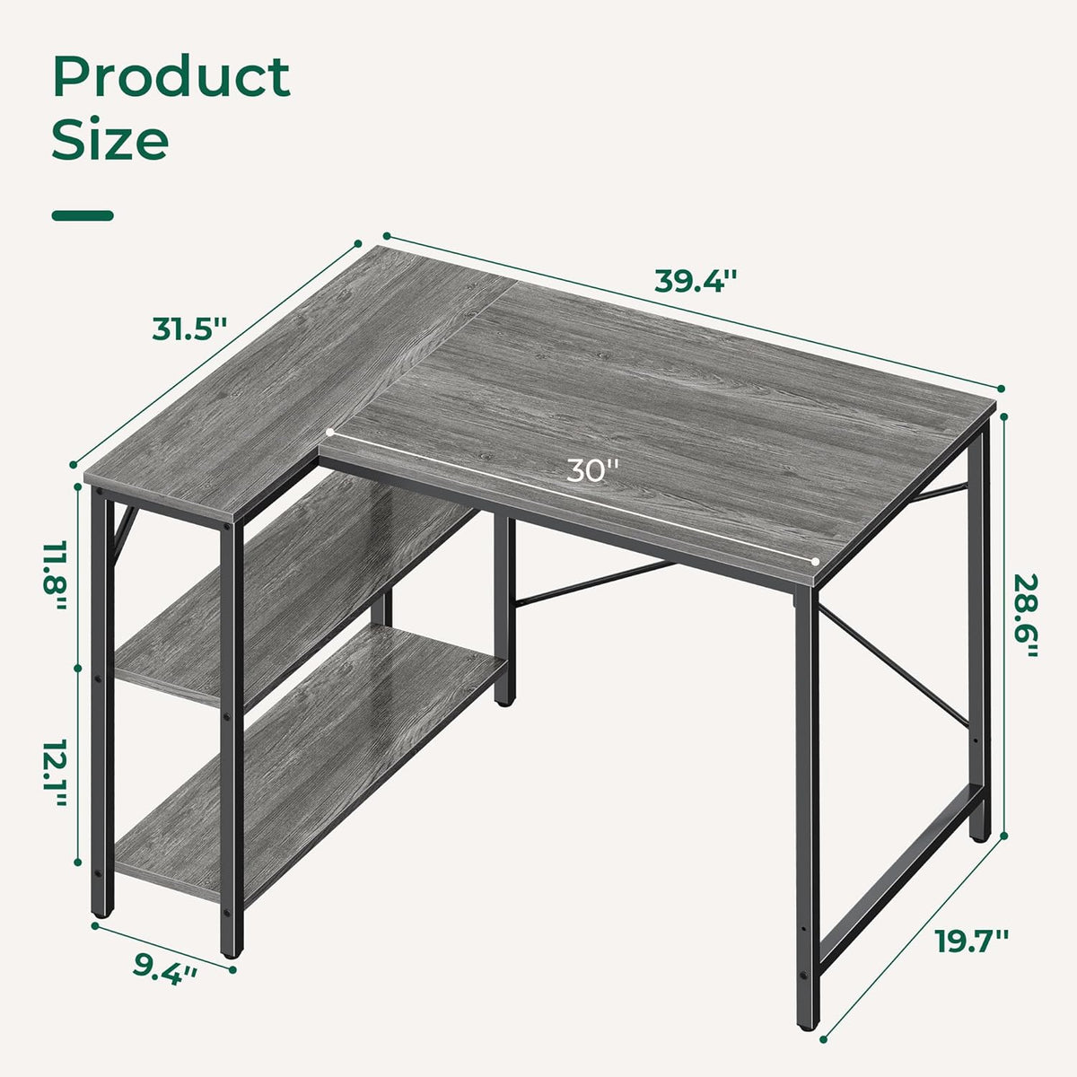 Huuger L Shaped Desk, 39 Inches Computer Desk with Reversible Storage Shelves, for Gaming Corner Home Office Writing Study, Metal Frame, Gray