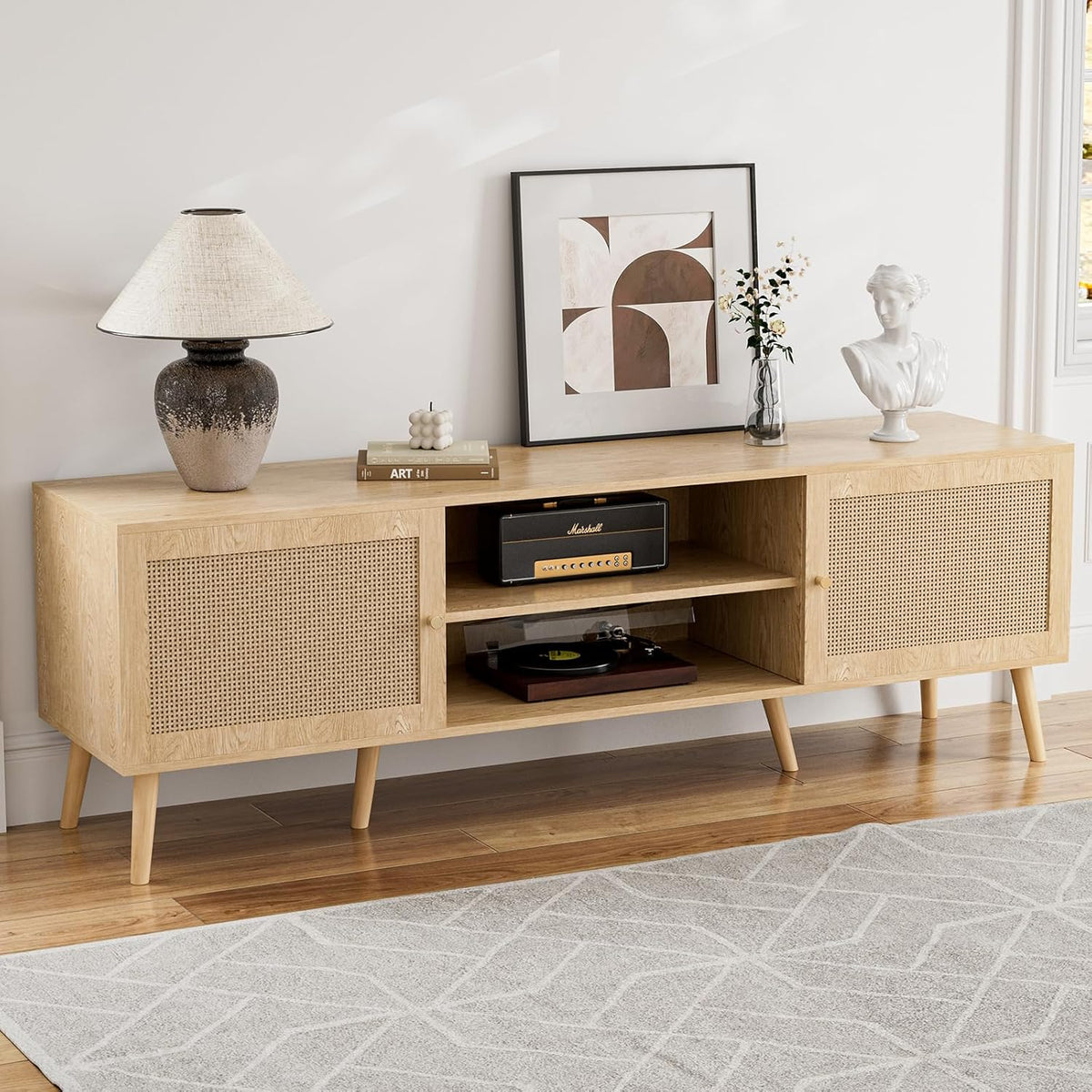 TV Stand for TVs up to 65'', Entertainment Center With Rattan Door, Shelves & 2 Cabinets, Long Boho Media Console for Living Room, Natural